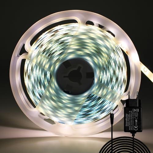 ShineBurky Striscia LED 5 Metri 12V Bianco Caldo, Luci LED Striscia Luminoso IP65 Impermeabile 300LEDs Strisce LED Flessibili per Interno Esterno Cucina Hotel Natale Decorazione (con Alimentatore)