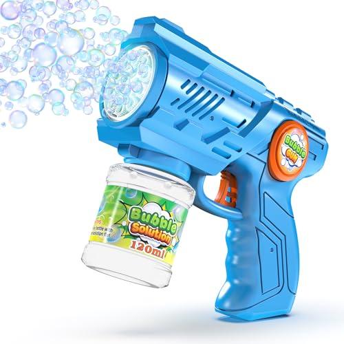 Blubbel Sparabolle di Sapone LED, Pistola Giochi, Macchina Automatica, Bubble Gun, Cannone d’Aria, Giocattolo Matrimonio, Regalo Estivo Bambini, 120ml Liquido Incluso