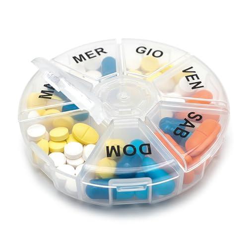 Portapillole Settimanale 7 Scomparti Rotondo 8,5 cm - con Scritte Grandi in Italiano per Pillole e Integratori – Nuovo Modello con Cerniere Rinforzate – Organizer Compatto e Facile da Usare