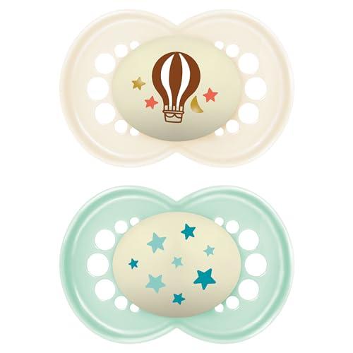 MAM Original Night Succhietto 6+ Mesi (Set da 2), Ciuccio MAM 6-16 mesi che si illumina al buio con tettarella in caucciù, Kit da 2 accessori neonato con porta ciuccio sterilizzatore, Verde/Neutro
