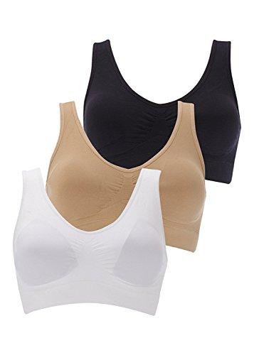 Boolavard, reggiseno da donna morbido senza ferretto, biancheria intima, bralette per attività sportiva, allattamento, da notte, set da 3 pezzi, colore nero, bianco, beige, nero, bianco, beige.,