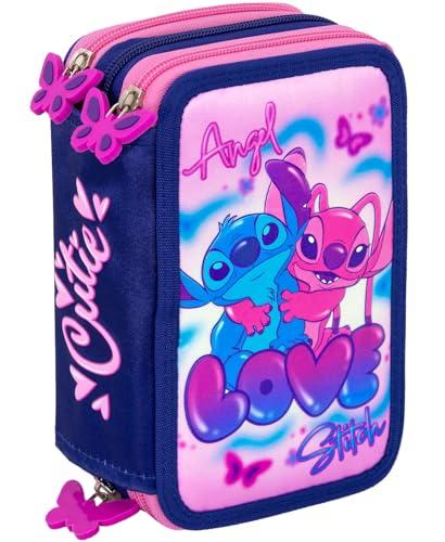 Clondo Astuccio 3 Scomparti, 45 Pezzi, Per Stitch Fan, 2 Penne Gel Cancellabili, Colla, Forbici, Pastelli 4.0, 3 Zip, Bambina, Scuola e Regalo, Rosa, Angel