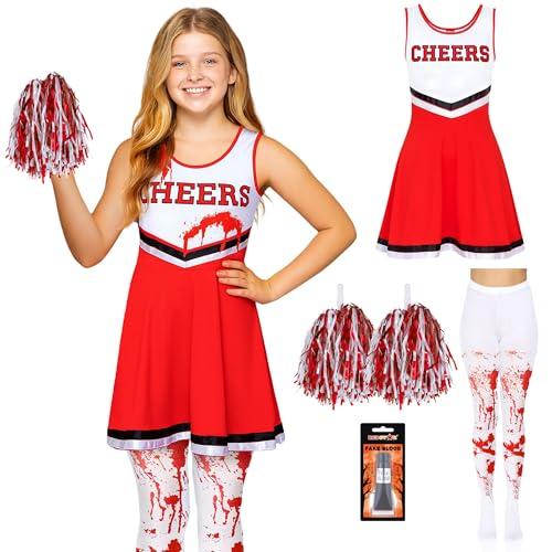 Costume 3 pezzi da cheerleader per bambina – Vestito zombie con calze insanguinate – Travestimento scolastico da non-morta per feste spaventose – Outfit per Halloween con dettagli realistici