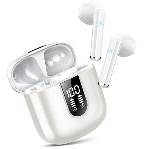 Jesebang Cuffie Bluetooth, Auricolari 5.4 con Stereo HiFi Immersivo, Auricolare con 4 HD Mic, Mini Cuffiette Bluetooth IP7 Impermeabili, Cuffie Senza Fili per iphone/samsung,LED, 30 Ore, Bianco(2025)