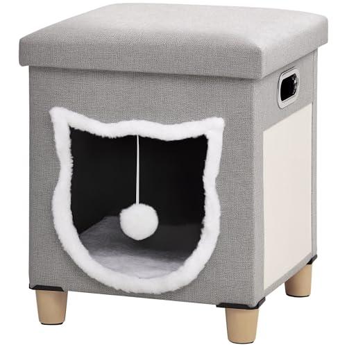 PawHut Casetta per Gatti con Tappetino Tiragraffi, Cuscino Lavabile e Pallina Giocattolo, Cuccia Gatti in MDF, Tessuto Effetto Lino, Peluche e Sisal, 35.5x35.5x42.5 cm, Crema e Grigio