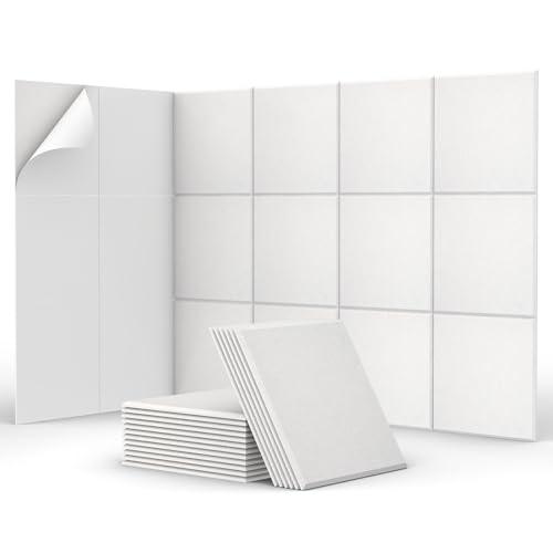 TONOR Set Di 18 Pannelli Acustici Adesivi Quadrati, 30 x 30 x 0,9 cm, Isolamento Acustico con Piastrelle Murali in Poliestere ad Alta Densità per Pareti, Soffitti, Porte, Bianco