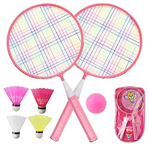 QKTYB Set da badminton per bambini, 1 paio di racchette da badminton per bambini, peso leggero, con 2 racchette, 4 volani, 1 palla di spugna per giochi sportivi interni ed esterni