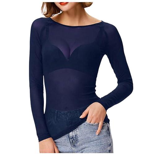 Top da donna sexy in mesh, trasparente, a maniche lunghe, con collo semi-alto, in pizzo, a rete, per festival, abbigliamento da club, motivo floreale trasparente, blusa, top, maglietta, T-shirt, O blu