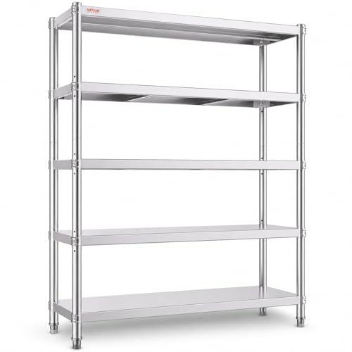 VEVOR Scaffale in Acciaio Inox 5 Ripiani Regolabili 120 x 45,5 x 183 cm, Scaffalatura Portata 150 kg per Ripiano, Resistente per Cucina, Garage, Magazzino e Officina