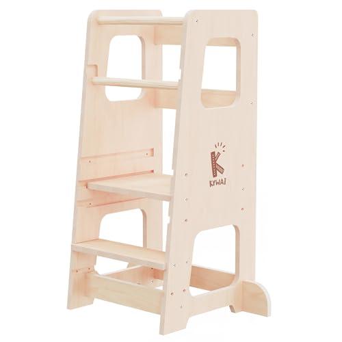 KYWAI® Torre Montessoriana Bambini Premium in Legno, Torretta Montessoriana – Regolabile in Altezza, Doppia Barra di Sicurezza, Azienda Sostenibile Impegnata nella Riforestazione (Legno Naturale)