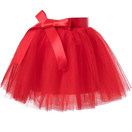 PLIKSUVER Gonna in tulle per bambini, gonna da balletto, mini gonna da ballo, 7 strati, per feste, danza, costumi per Halloween, 2-8 anni, Colore: rosso, Einheitsgröße