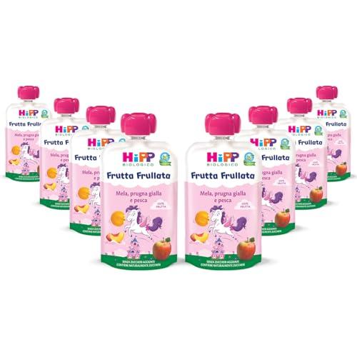 HiPP - Frutta Frullata Bio per Bambini, Unicorno, Purea 100% Frutta, Gusto Mela, Prugna Gialla e Pesca, Senza Zuccheri Aggiunti, 8 Confezioni da 90 gr