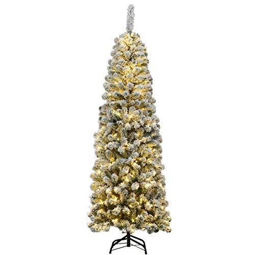 COSTWAY Albero di Natale Slim 135/180/225 cm, Albero di Natale Innevato con 150/250/350 Luci LED, 242/500/641 Rami e Base di Metallo, Decorazione Natalizia per Casa e Negozio (180 CM)