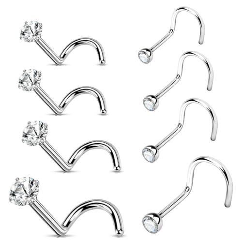 Voarge 8 PCS 20G Piercing Naso Anello Nostril Orecchino Naso Brillantino Anelli Studs S Curvato, Piercing a Gioielli Donna 1.5-3mm Round Heart Star Nose Ring Screw Jewelry