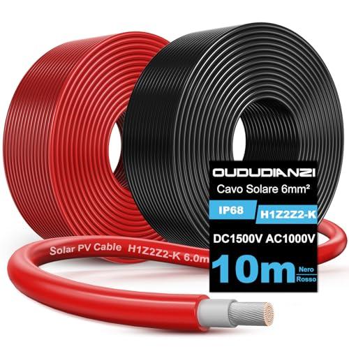 Oududianzi Cavo Solare 6mm2 10m, Cavo Fotovoltaico 10/20/30/40/50m, H1Z2Z2-K Solare Pannello Cavo, Cavo di Prolunga Solare per Pannello Solare, Inverter e Regolatore di Carica (10m Nero+10m Rosso)