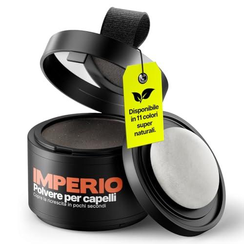 Polvere per capelli IMPERIO - Correttore per infoltimento capelli per donna e uomo, mascara per capelli waterproof per nascondere la ricrescita - 4g (castano scuro)
