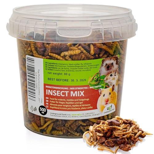 UGF - Mix di insetti - 80 g in un secchio da 500 ml, cibo per ricci, cibo per gerbilli, cibo per criceti, ratti, lucertole - vermi della farina, larve di mosca soldato nera, bachi da seta