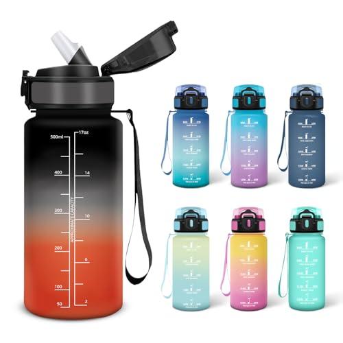 Motswedi Borraccia, 0.5L Senza BPA, Borraccia con Cannuccia, Adatto Gassato, Borracce Motivazionale, A Prova di Perdite, Bottiglia Acqua, Borracce Acqua per Scuola, Palestra, Campeggio - Nero&rosso