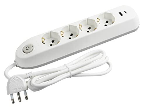 BTICINO Ciabatta Multipresa Elettrica Poker 6 Posti, 2 Prese USB e 4 Prese Polivalenti (Schuko 10/16A e Bipasso), Ciabatta Elettrica con Interruttore Cavo 1,5m Spina 16A, Robusta e Salvaspazio, Bianco