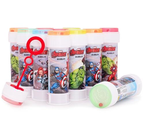 Toyland® Confezione da 12 bolle Avengers con bacchette, soluzione da 60 ml e coperchio labirinto originale - Soldi tascabili e giocattoli per feste