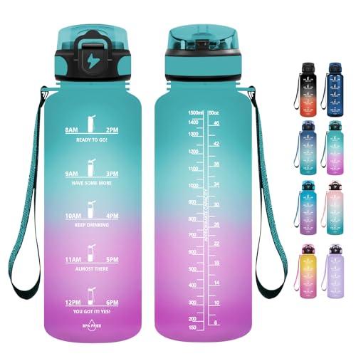 Grsta Borraccia 1,5 Litri, Borraccia Palestra senza BPA, Borraccia Sportiva con Cannuccia & Indicatore del Tempo Motivazionale, per Studio Fitness, Scuola, Ufficio - Polvere verde