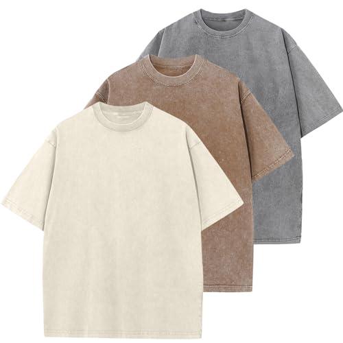 HOUZONIY 3PC T-Shirt Basic Oversized a Maniche Corte, Magliette Larghe Uomo, Washed Heavy T-Shirt Uomo, Casual, per Palestra(Beige/caffè/Grigio L)