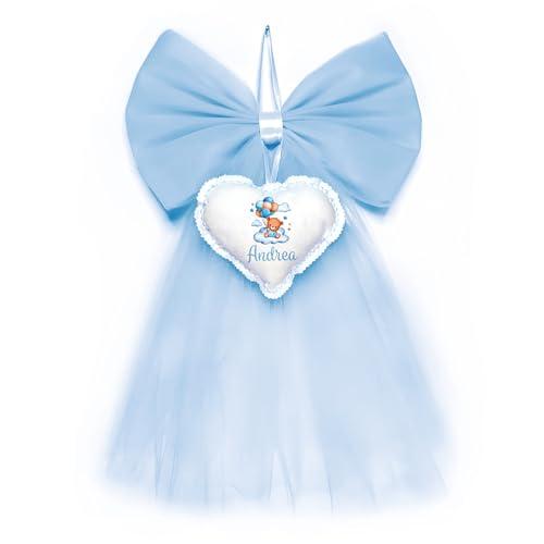 Crociedelizie, fiocco nascita cuore orsetto palloncini bimbo in tulle azzurro orsetto nome personalizzato elegante semplice coccarda fuori porta