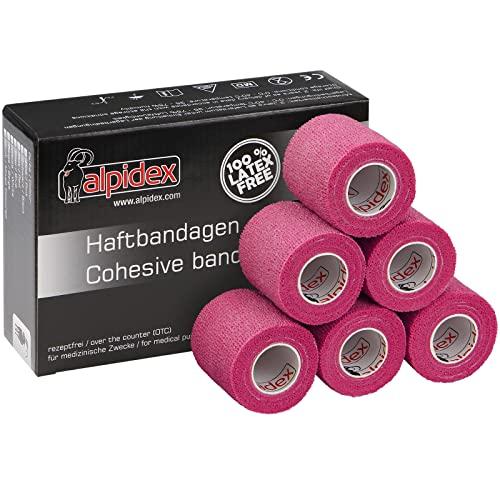 ALPIDEX 6 Rotoli Benda Adesiva 5 cm x 4,5 m Molti Colori Bendaggio Coesivo Fasciatura Personi Animali Garza Elastica Autoadesivo Cavalli Cani Umani, Colore:rosa fucsia