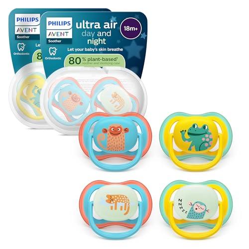 Philips Avent Ultra Air Day & Night Ciuccio - Design ortodontico, per bambini dai 18 mesi in su, modello fluorescente, tettarella simmetrica extra rigida, senza BPA, confezione da 4, SCF349/56
