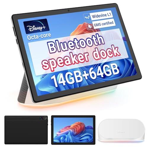 Whitedeer Android Tablet 10 Pollici con Dock Altoparlante Bluetooth AI, Ricarica Wireless, 14GB RAM+64GB ROM+1TB Memoria Espandibile, 1280×800, Fotocamera Frontale 5MP+Posteriore 8MP, Batteria 5000mAh