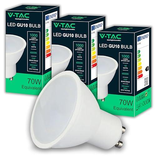 V-TAC 3x Lampadine LED GU10 - Alta Luminosità 10W (Equivalenti a 70W) - 1000 Lumen - Faretto Led GU10 per Massima Efficienza e Risparmio Energetico - 6500K Luce Fredda