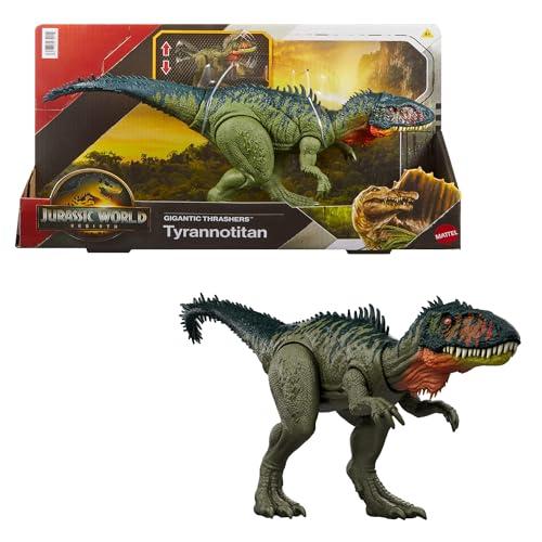 Mattel Jurassic World La Rinascita, Predatori Giganti, dinosauro giocattolo Tirannotitano, 2 attacchi furiosi attivati dalla coda, gioco digitale, JCL75