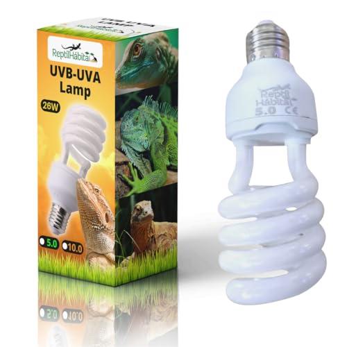 ReptilHábitat Lampada UVB 5.0 UVA 26W per Terrario di rettili, Piante e Tartarughe, Lampadina E27 Ideale per Tartarughe e Pogona