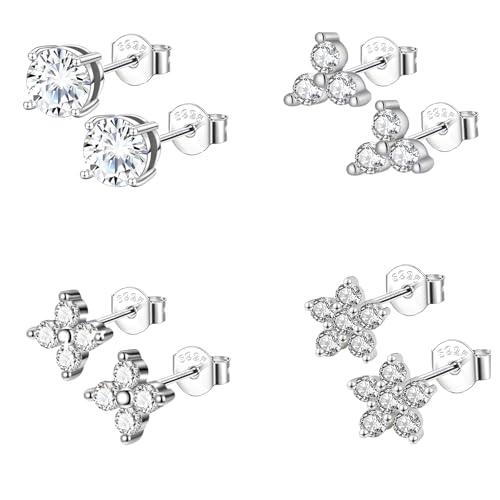 Epoch World 4 Paia Piccoli Orecchini in Argento Sterling 925 Orecchini Argento Fiore per Donna Ragazze Bambina con Cubic Zirconia Orecchino Diamanti da Donna Set di Orecchini a Perno