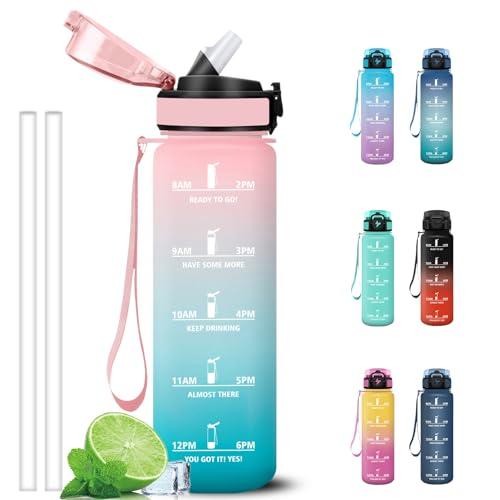 Grsta Borraccia 1 litro, Borracce con Cannuccia, Facile da Pulire, Senza Perdite Borraccia Palestra con Indicatore del Tempo, Bottiglia Motivazionale per Campeggio, Bicicletta, Fitness