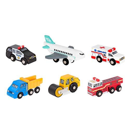 Battat - Set 2 di veicoli in legno - Auto giocattolo in miniatura - 6 pezzi in legno Minis - Veicoli di soccorso e da costruzione classici - Rullo compressore, dumper - 3 anni +