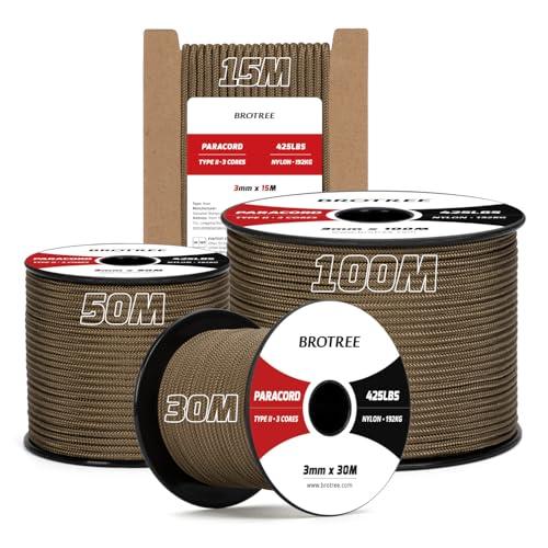 Brotree Paracord 3mm 15M Corda 100% Nylon Tipo II 3 Fili Corda Paracord 425 per Esterno, Artigianato, Fatto a Mano - 192 kg Carico di Rottura (Marrone Fango)
