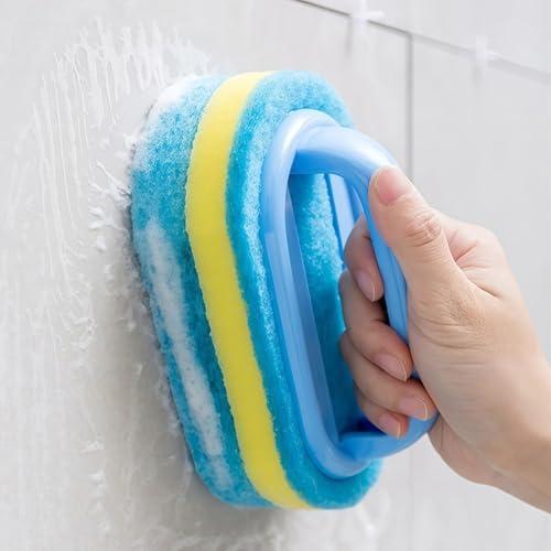 Spazzola per la pulizia di bagno, cucina, vasca da bagno, WC, vasca da bagno, viene fornita con una spugna da doccia e dispone di un manico ergonomico per una pulizia facile ed efficiente (blu)