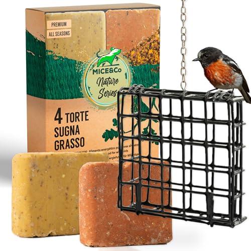 Mice&Co Mangiatoia per Uccelli da Esterno - Alimentatore per Uccelli Selvatici con 4 Torte di Sugna Naturale, da Appendere per Giardino