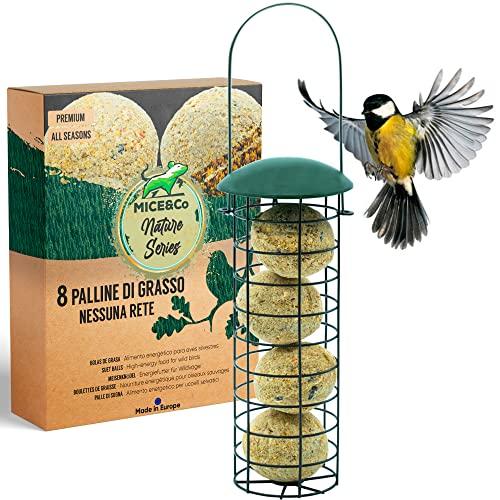 Mice&Co Mangiatoia per Uccelli da Esterno con Palle di Grasso – Casetta per Uccellini Giardino con Sfere di Lardo I Pack 1 Mangiatoia per Volatili e 12 Palline di Cibo