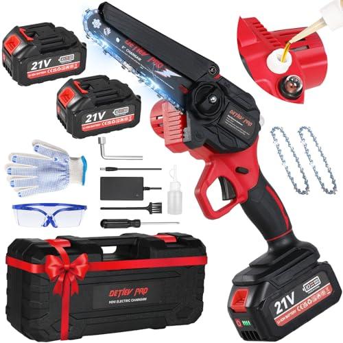 DETLEV PRO Mini Motosega a Batteria per Potatura con 8000mAh Batterie, 6 Pollici Motosega da Potatura con Sistema di olio automatico e Blocco di Sicurezza per il Taglio del Legno Giardini-Rosso