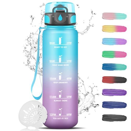 Borraccia 1 Litro, Borraccia Palestra, a Prova di Perdite, Borraccie Motivazionale con Orari per Bere, Borraccie Sportiva, Bottiglie Graduata per Fitness, Scuola, Ciclismo, Adulto, Yoga, Ufficio