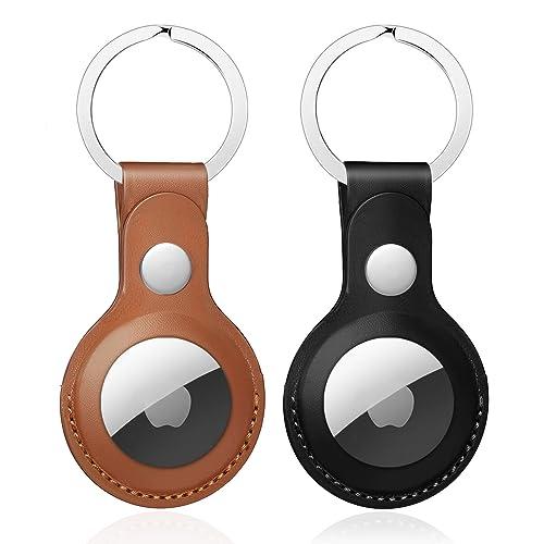 Nepfaivy Portachiavi per AirTag in PU Pelle - Custodia Compatibile, Cover Apple, Portatile, Anti-graffio, Mantiene un Segnale Forte (Marrone+Nero)