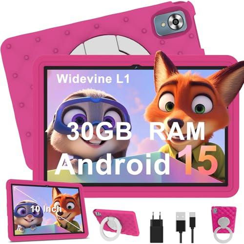 Tablet Bambini 10 Pollici Android 15 con 30GB RAM, 5G Wi-Fi 6, 64GB ROM(2TB), Control Parental, Octa-Core, 8MP+5MP, 6000mAh, Custodia Protettiva EVA + Supporto Girevole a 360°, Rosa