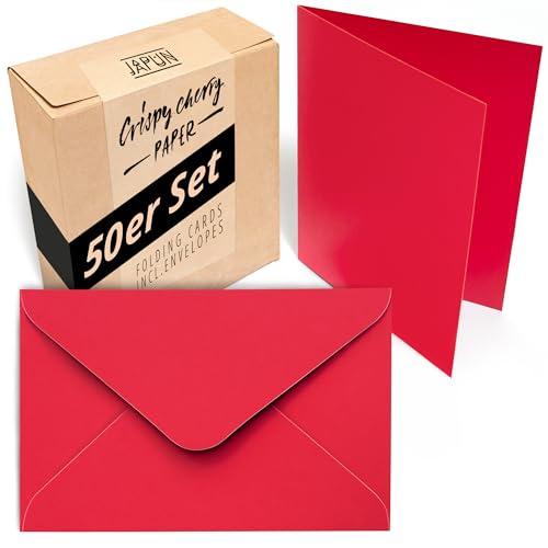 Japun - Set di 50 biglietti pieghevoli vuoti con buste, carte pieghevoli da progettare, etichettare o stampare - DIN A6 / C6 - rosso