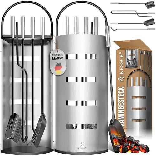 KESSER® Accessori per camino Kit caminetto da 5 pezzi - design moderno, rivestito, Set per caminetto 5 pezzi: scopino, paletta, attizzatoio, pinza, supporto porta-attrezzi, d'argento