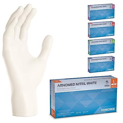 ARNOMED Guanti nitrile bianchi, guanti in nitrile L, 100 pezzi/scatola, guanti cucina e alimentari, guanti monouso nitrile, guanti in nitrile senza polvere e lattice, guanti taglie XS, S, M, L, XL
