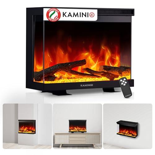 KAMINIO Camino elettrico LEA - Caminetto 3-in-1 con vista panoramica, riscaldamento, effetto fiamma 3D, 12 colori di fiamma, telecomando (30 pollici)