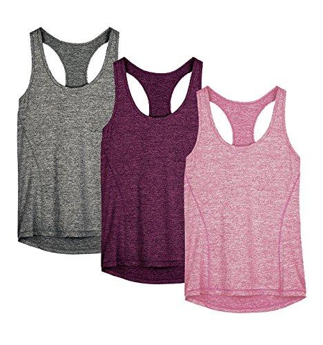 icyzone Donna Canotta Sportiva Running Racerback Top Senza Maniche Fitness Palestra Shirt, Pacco da 3 (L, Charcoal/Red Bud/Pink)