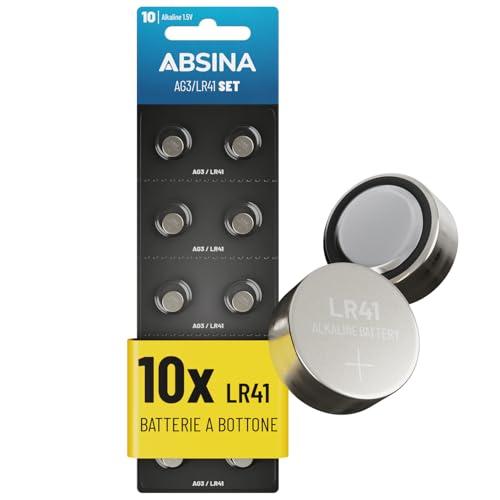 ABSINA 10x Pile LR41 AG3 - Batterie LR41 bottone 1,5V Alcaline a prova di perdite e longevoli - LR736 / L736 / G3 / G3A / 3GA / 192 / GP192 / V3GA / RW87 - Batteria LR41 per termometro, batteria AG3